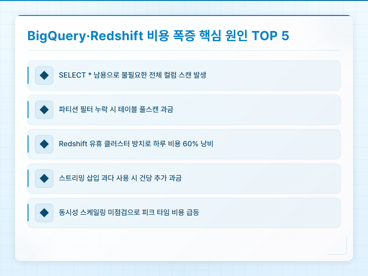 BigQuery Redshift 비용 폭증 핵심 원인 비교 인포그래픽